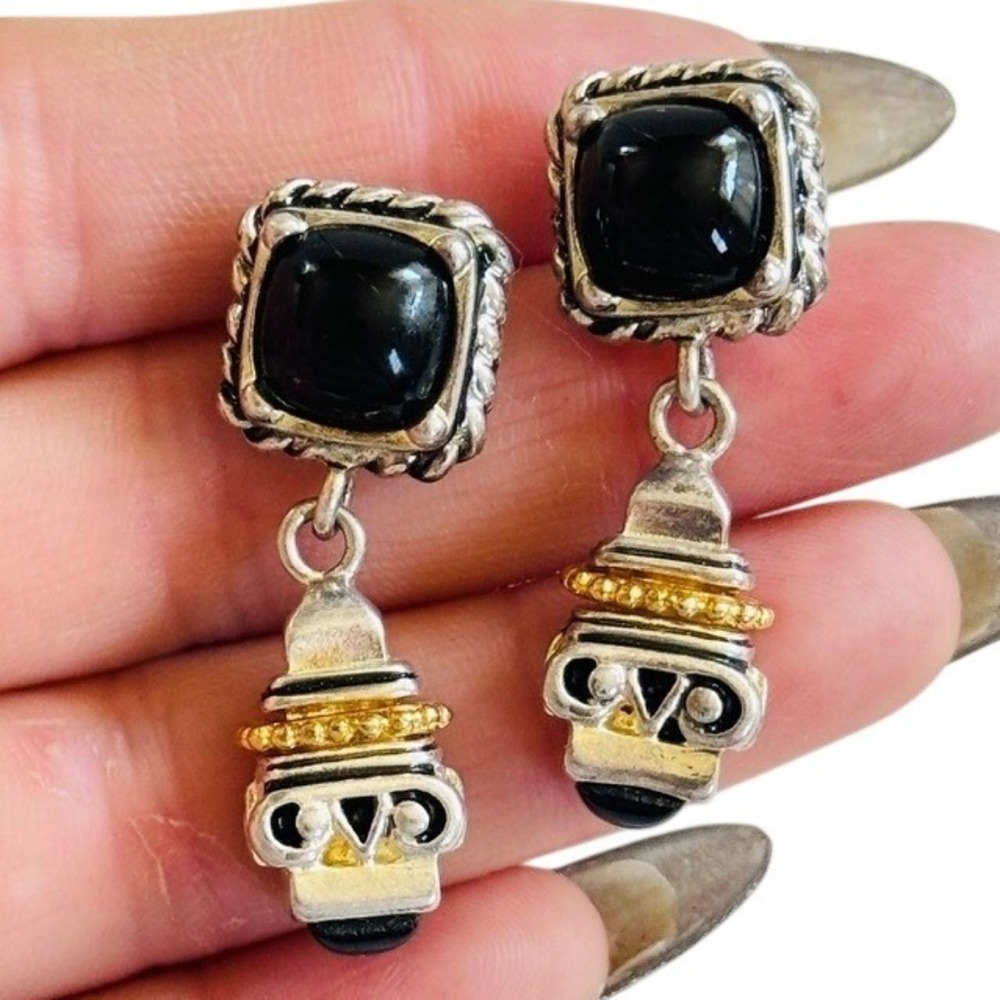 Piscitelli USA Byzantine revival dangle Earrings Two Tone glass cabochon pierced